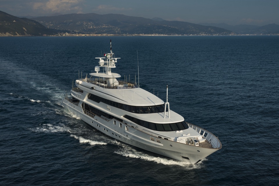Aerial view of M/Y The Wellesley II underway along the coast