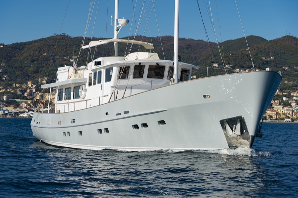 Classic Dutch yacht Virginian running with a bow wave